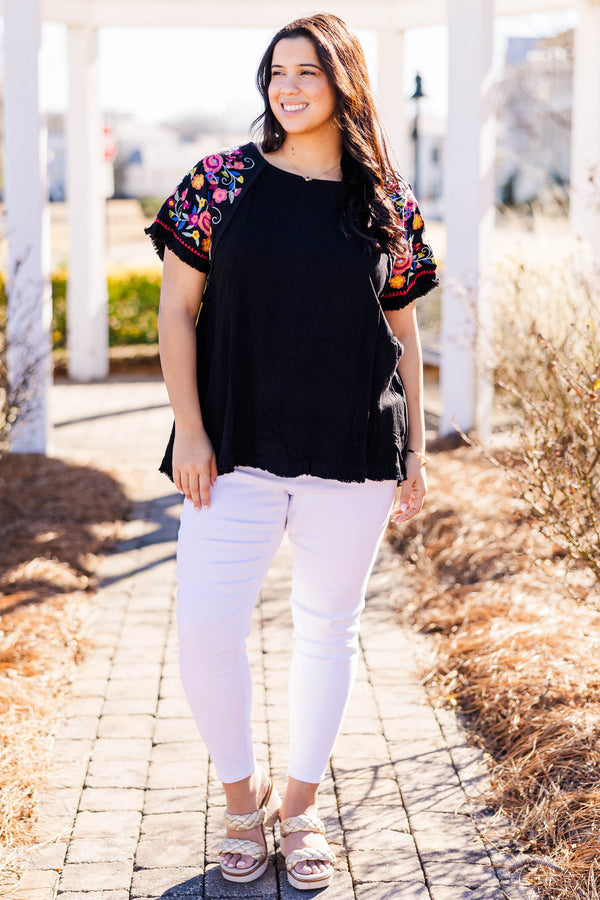 Chic Soul plus size clothing, black top with short colorful embroidered sleeves
