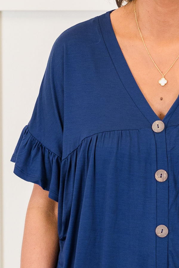 Chic Soul plus size clothing, shirt, short sleeve, vneck, button down, ruffle sleeves, navy, comfy, flowy