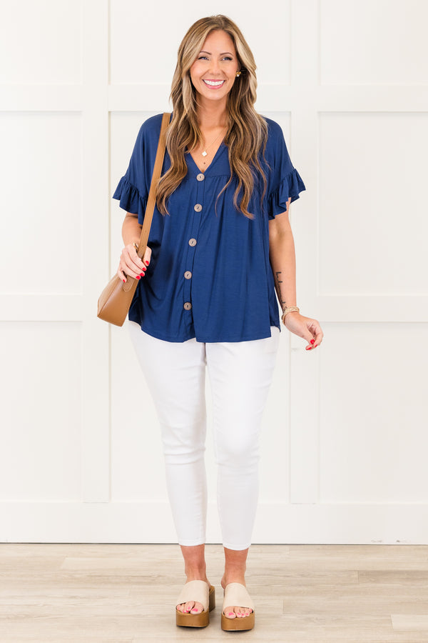 Chic Soul plus size clothing, shirt, short sleeve, vneck, button down, ruffle sleeves, navy, comfy, flowy