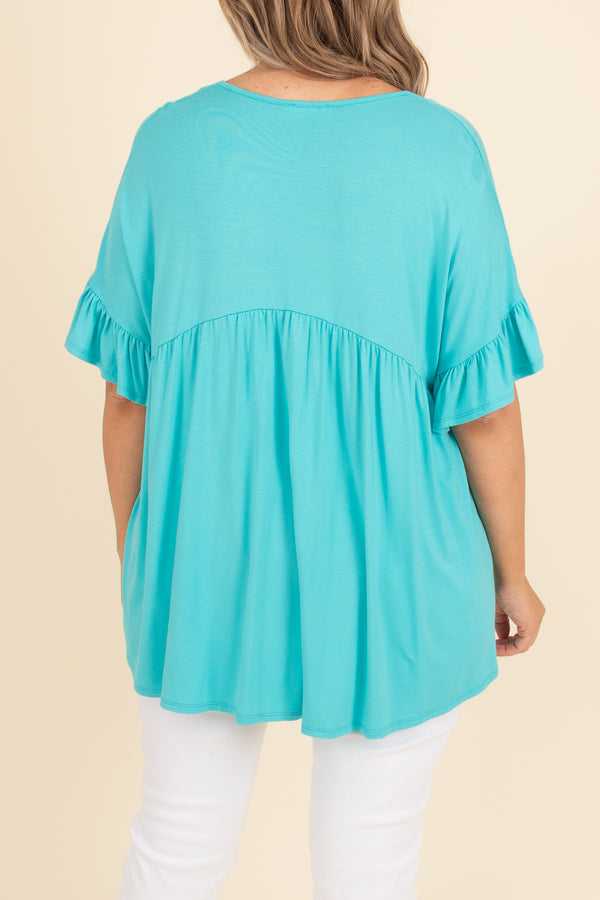 Chic Soul plus size clothing, turquoise babydoll top with ruffles on sleeves and buttons