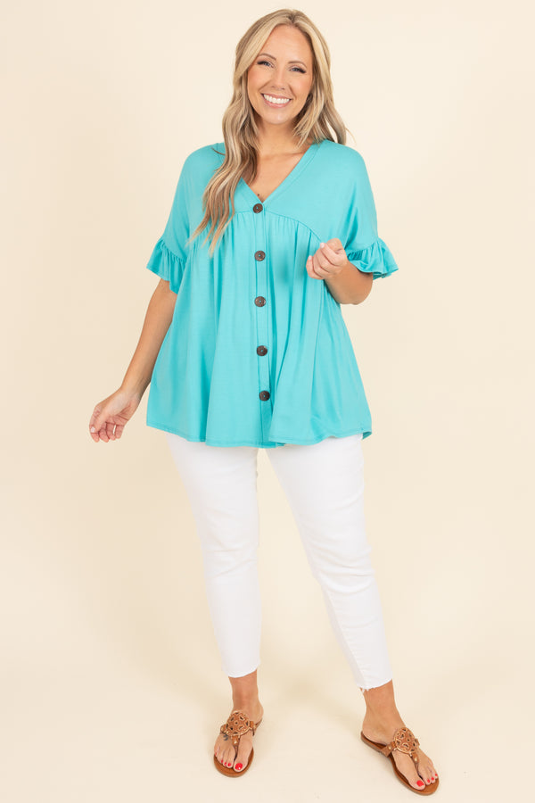 Chic Soul plus size clothing, turquoise babydoll top with ruffles on sleeves and buttons