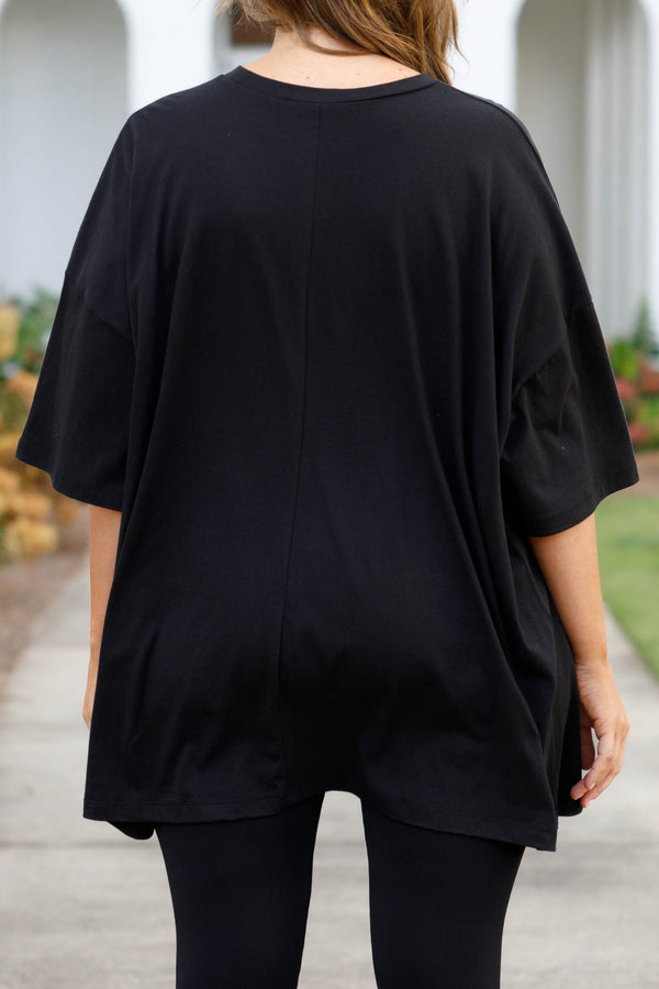 Chic Soul plus size clothing, black boyfriend tee with daisy graphic