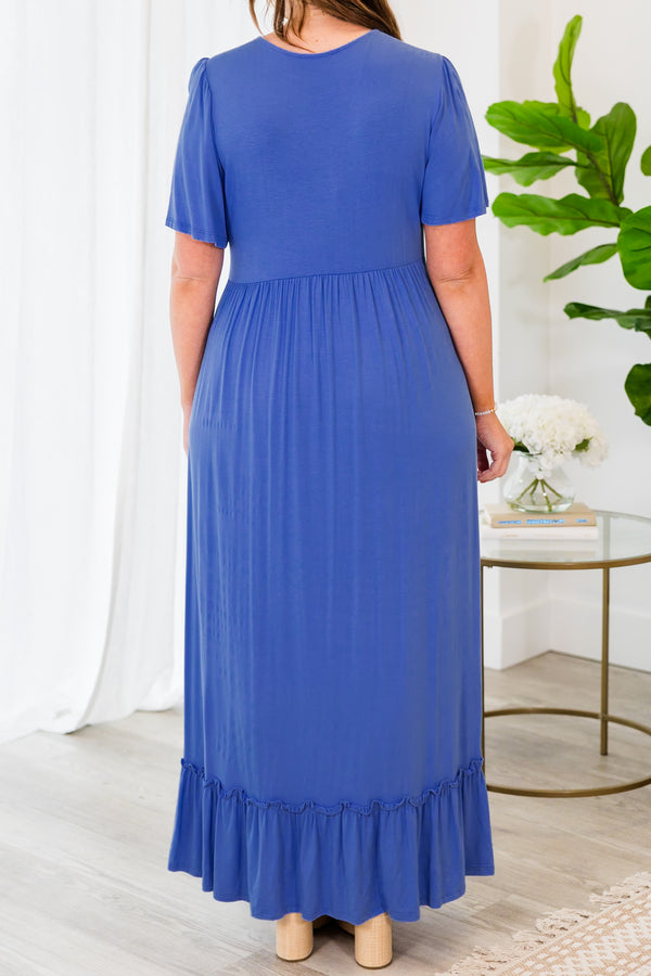 Chic Soul plus size clothing, cobalt short sleeve maxi dress with v neckline with knot detail with ruffle along the bottom