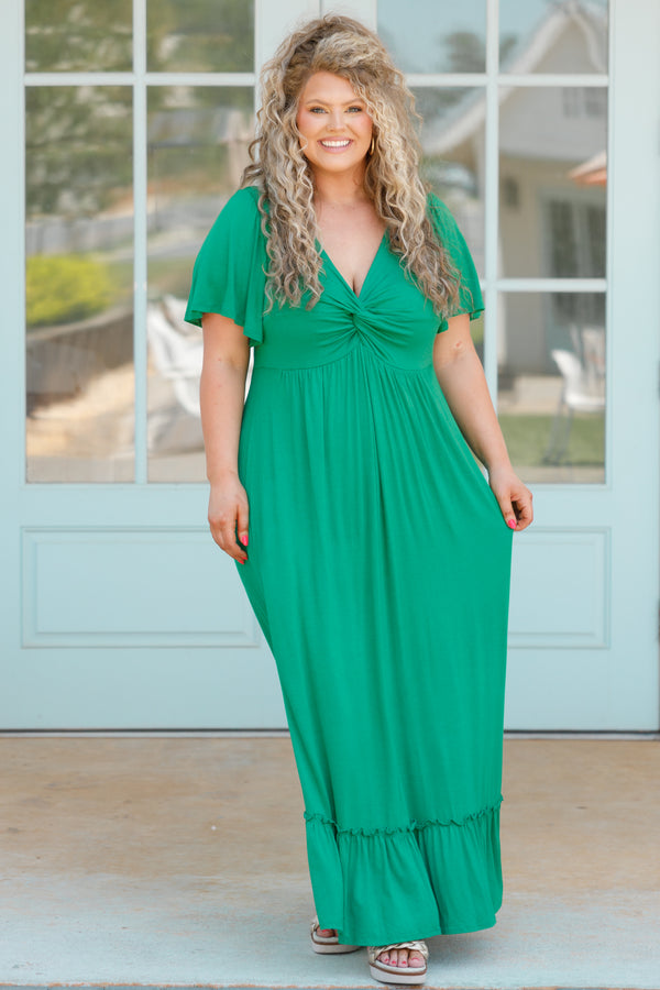 Chic Soul plus size clothing, palm green maxi dress with flowy sleeves and a knotted neckline