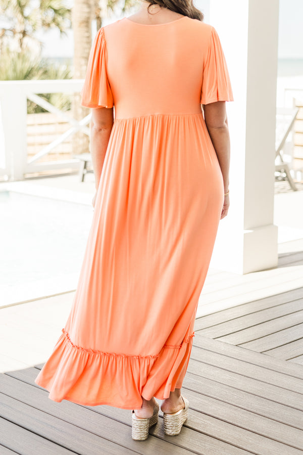 Chic Soul plus size clothing, peachy orange maxi dress with short flutter sleeves
