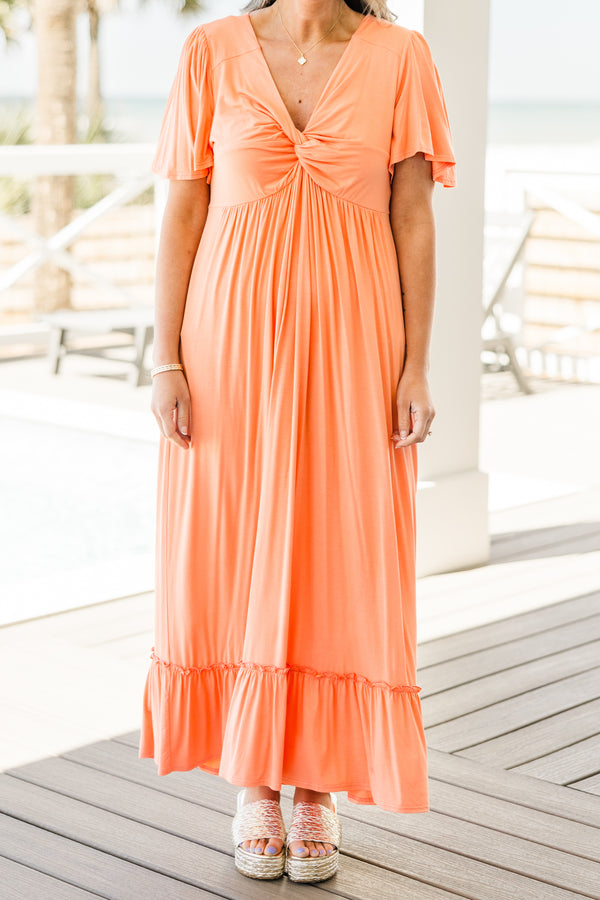 Chic Soul plus size clothing, peachy orange maxi dress with short flutter sleeves