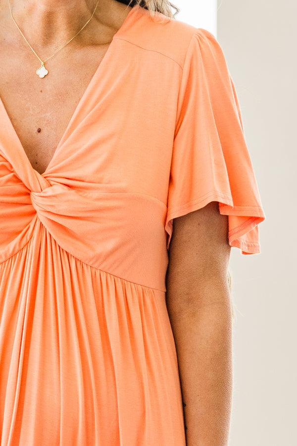 Chic Soul plus size clothing, peachy orange maxi dress with short flutter sleeves