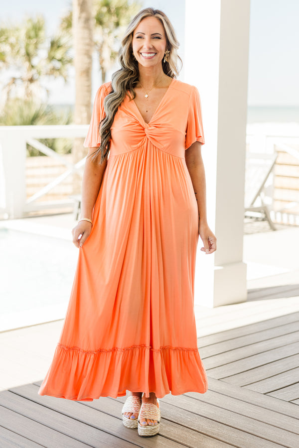 Chic Soul plus size clothing, peachy orange maxi dress with short flutter sleeves