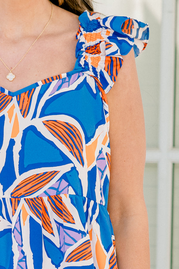 Chic Soul plus size clothing, short-flutter-sleeve blue baby doll top with an orange abstract floral pattern