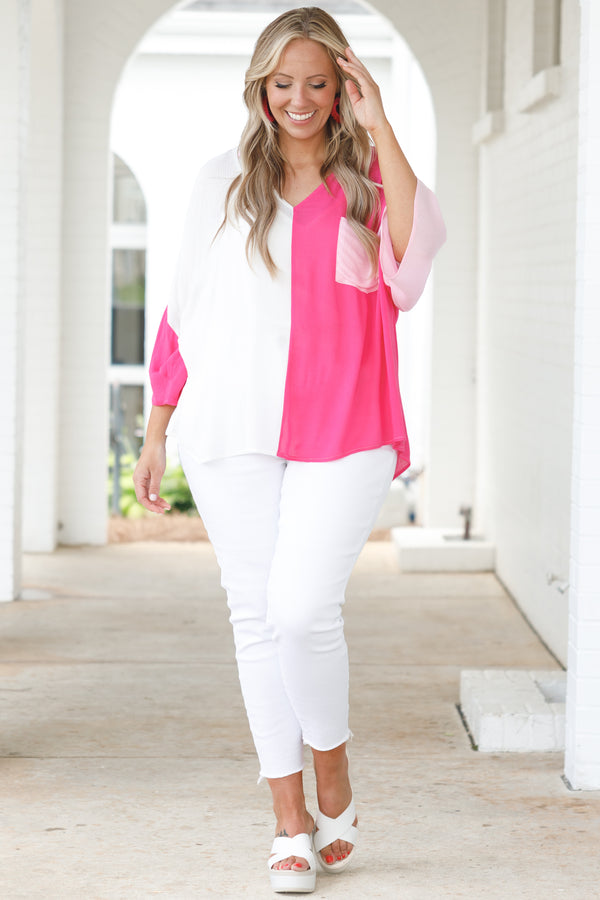 Chic Soul plus size clothing, hot pink and white color block flowy top with a front pocket