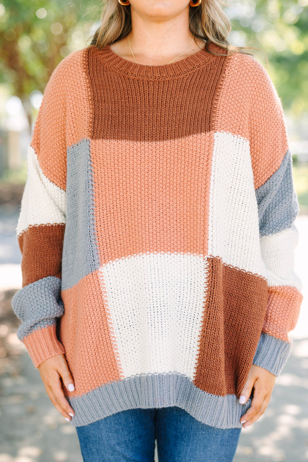 Chic Soul plus size clothing, brown and grey color blocked knit crewneck sweater