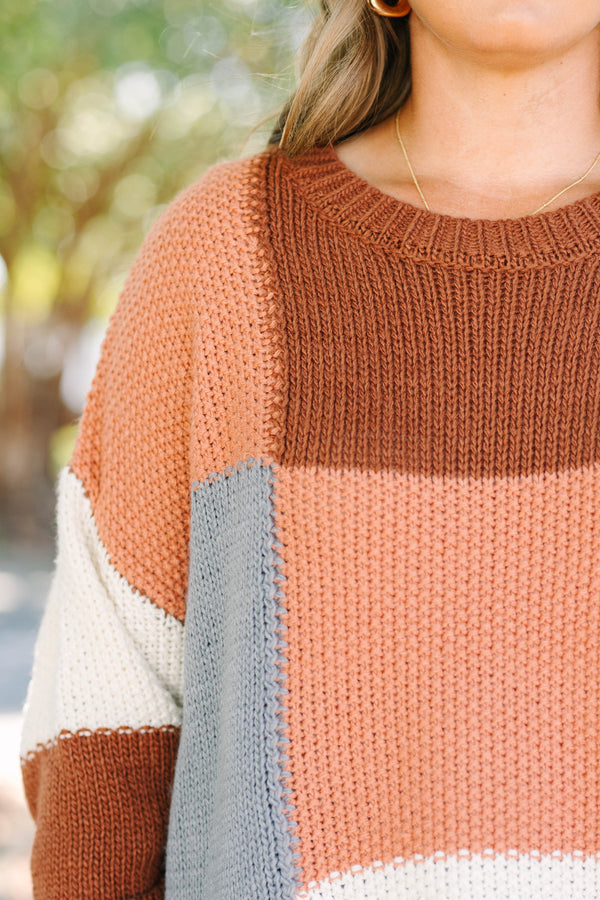 Chic Soul plus size clothing, brown and grey color blocked knit crewneck sweater