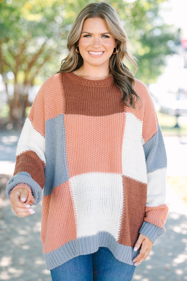 Chic Soul plus size clothing, brown and grey color blocked knit crewneck sweater