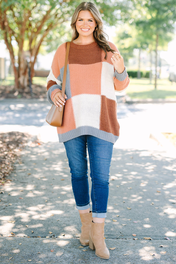 Chic Soul plus size clothing, brown and grey color blocked knit crewneck sweater