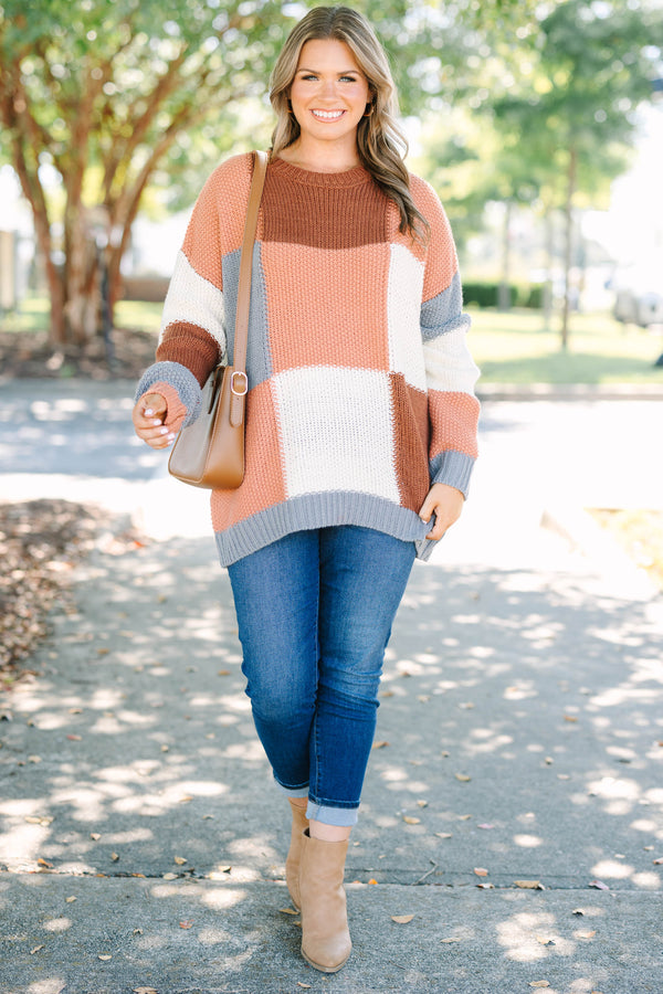 Chic Soul plus size clothing, brown and grey color blocked knit crewneck sweater