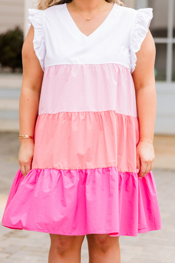 Chic Soul plus size clothing, pink and white multi colored flowy dress with ruffled short sleeves and v-neckline