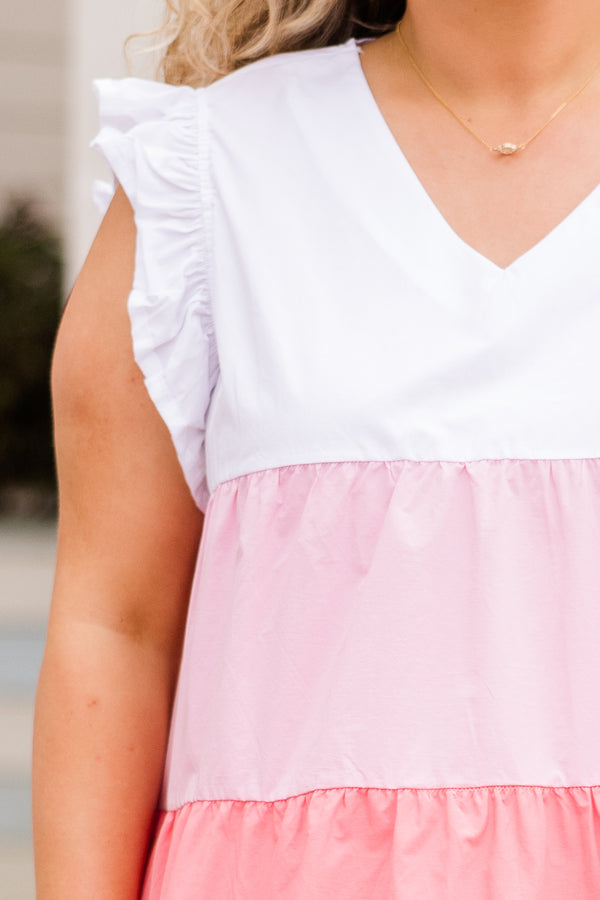 Chic Soul plus size clothing, pink and white multi colored flowy dress with ruffled short sleeves and v-neckline