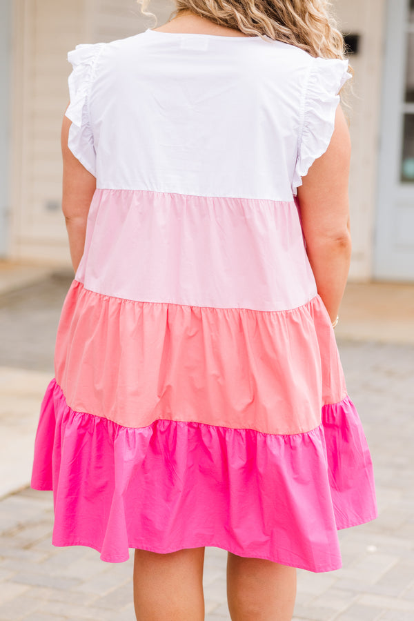 Chic Soul plus size clothing, pink and white multi colored flowy dress with ruffled short sleeves and v-neckline