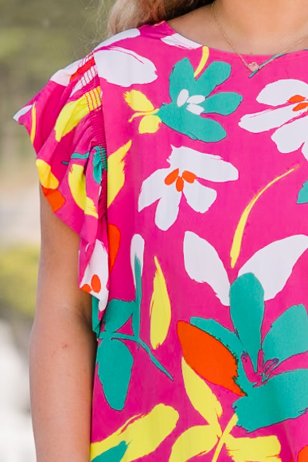 Chic Soul plus size clothing, fuchsia multi floral print mini dress with large floral design and ruffle sleeves