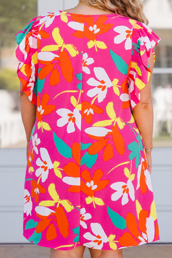 Chic Soul plus size clothing, fuchsia multi floral print mini dress with large floral design and ruffle sleeves