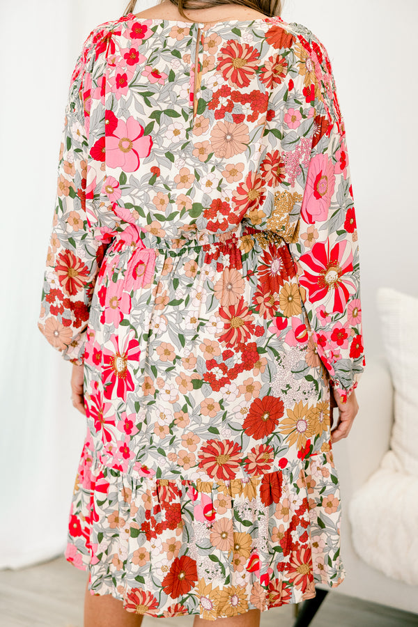 chic soul plus size clothing, pink long sleeve dress with a multi-colored floral pattern 