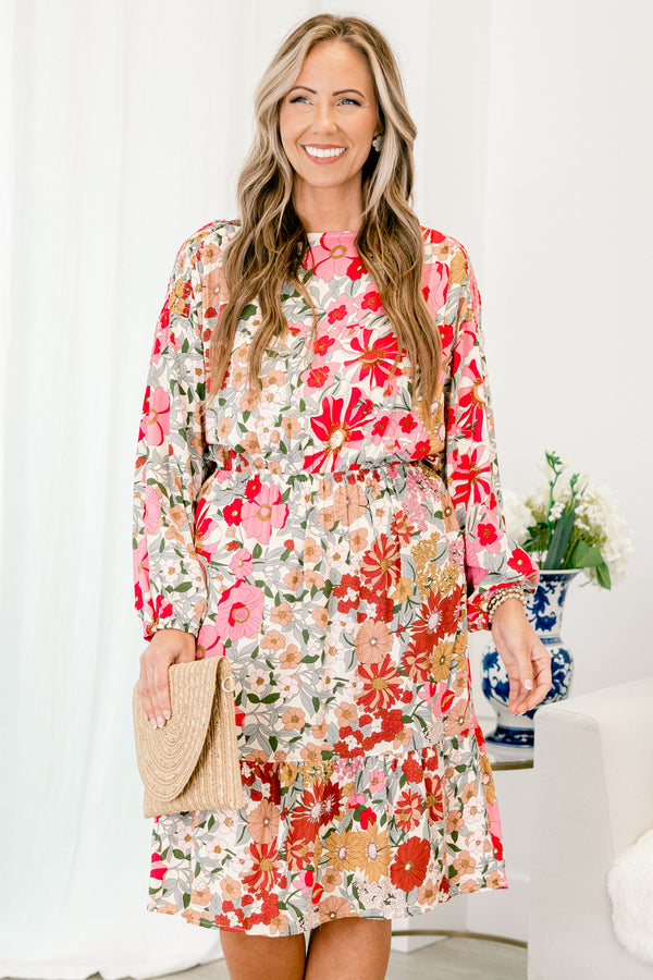 chic soul plus size clothing, pink long sleeve dress with a multi-colored floral pattern 