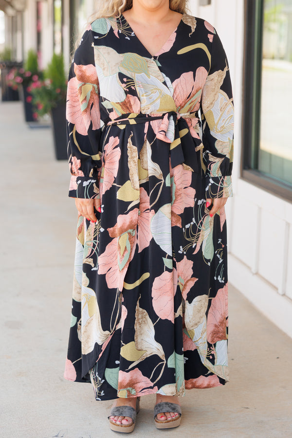 Chic Soul plus size clothing, black floral pattern maxi dress with crisscross neckline and a tie at the waist