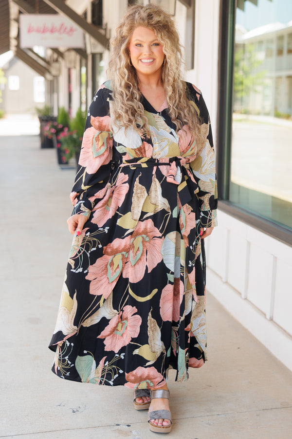 Chic Soul plus size clothing, black floral pattern maxi dress with crisscross neckline and a tie at the waist