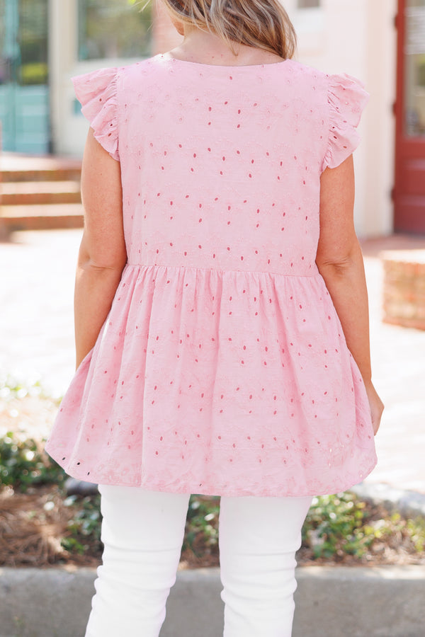 Chic Soul plus size clothing, pink babydoll top with eyelet lace pattern and flutter sleeves