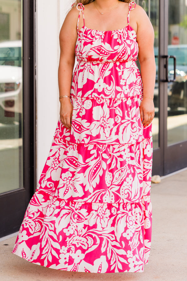 Chic Soul plus size clothing, spaghetti strap hot pink maxi dress with white floral pattern and ruffles 