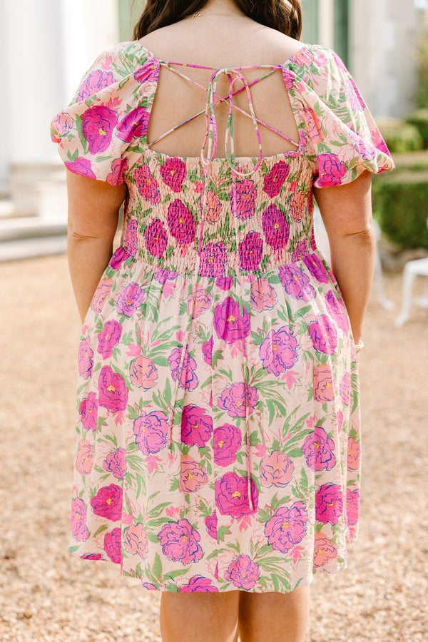 Chic Soul plus size clothing, pink short sleeve floral print mini dress with square neckline with pleated chest detail with puff sleeves
