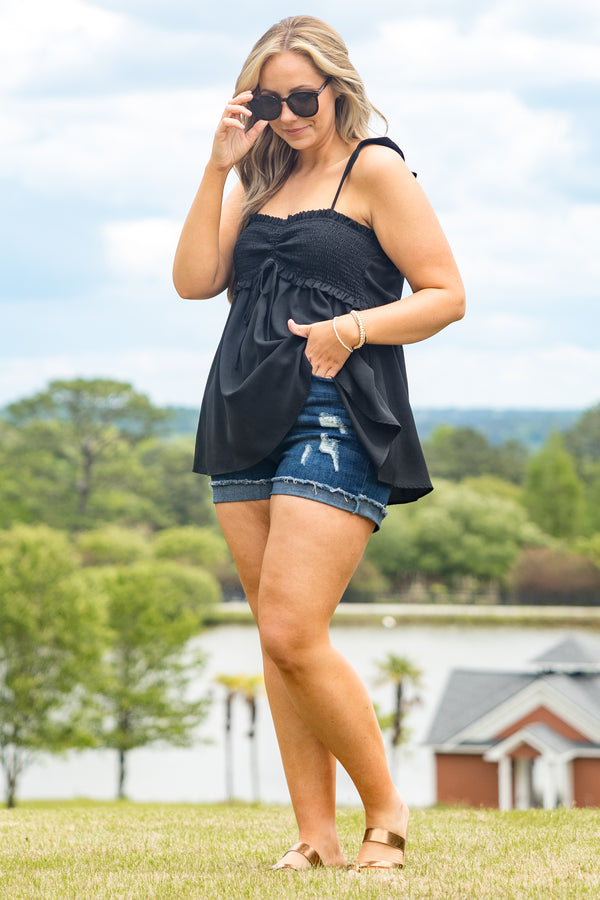 Chic Soul plus size clothing, black flowy tank with a smocked bodice