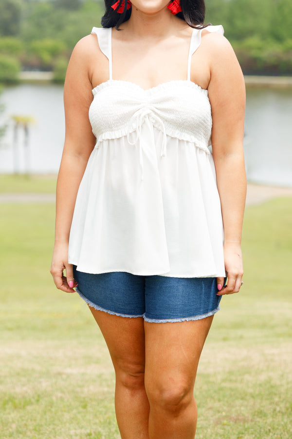 Chic Soul plus size clothing, white babydoll style top with a smocked bodice and flutter straps