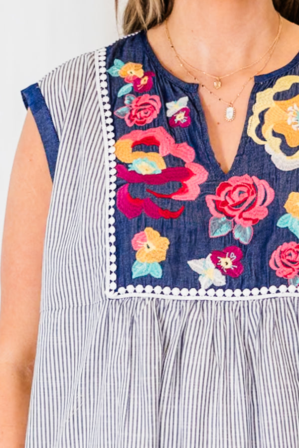 Chic Soul plus size clothing, blue and white stripe tank top with floral embroidery  
