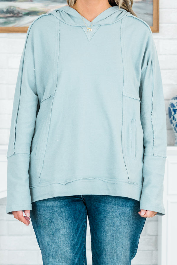 Chic Soul plus size clothing, denim baby blue hoodie with exposed seams detailing