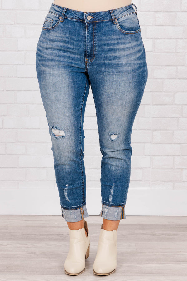 Chic Soul plus size clothing, medium wash slightly distressed skinny jeans