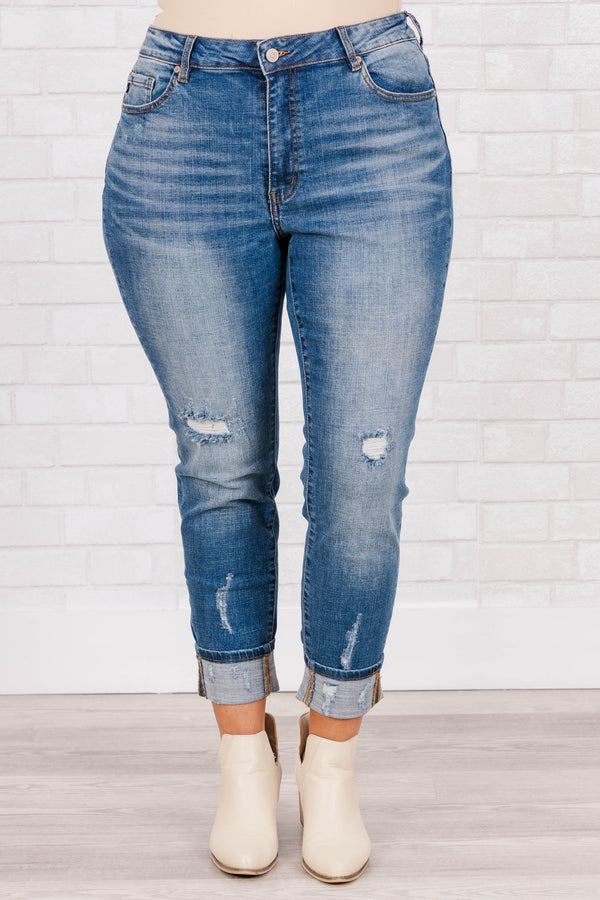 Chic Soul plus size clothing, medium wash slightly distressed skinny jeans