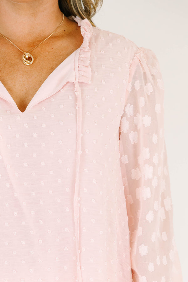 Chic Soul plus size clothing, long-sleeve split-v-neckline soft pink top with tassels and sheer floral sleeves 