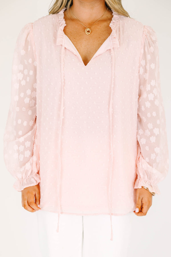 Chic Soul plus size clothing, long-sleeve split-v-neckline soft pink top with tassels and sheer floral sleeves 
