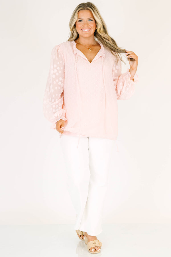 Chic Soul plus size clothing, long-sleeve split-v-neckline soft pink top with tassels and sheer floral sleeves 