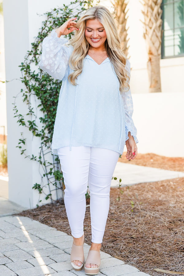 Chic Soul plus size clothing, pale blue long sleeve top with polka dot pattern and sheer sleeves