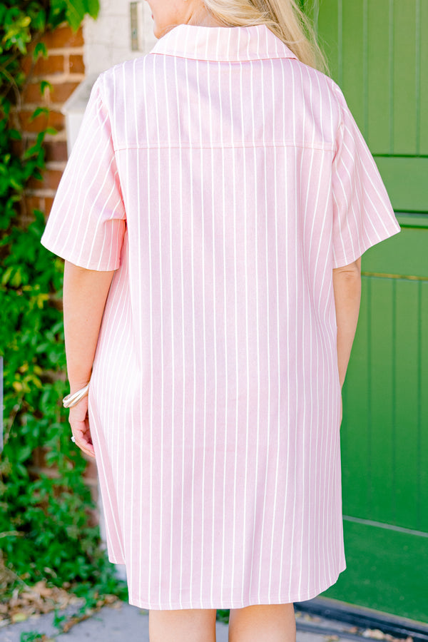 Chic Soul plus size clothing, pink dress with white stripes going down the dress two front pockets and a button up neckline 