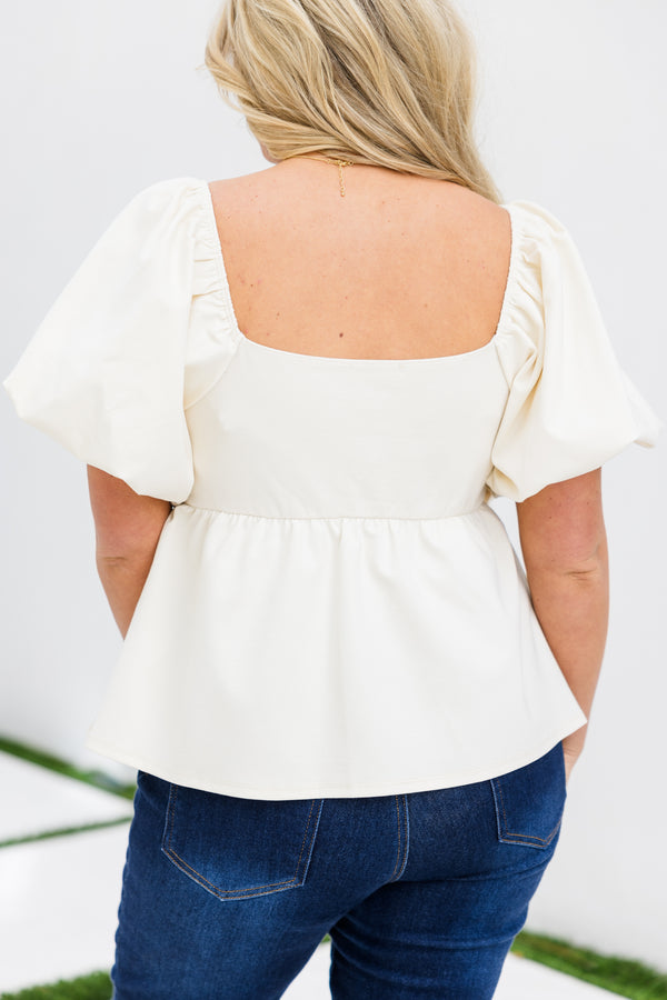 Chic Soul plus size clothing, cream short sleeve babydoll peplum top with square neckline with scalloped detail with puff sleeves