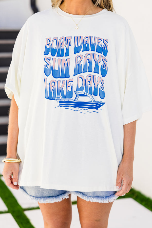 Chic Soul plus size clothing, short-sleeve ivory boyfriend tee with a high-scoop neckline and a blue and pink ombre graphic lettering stating 