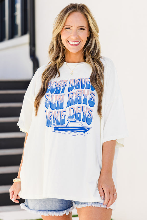 Chic Soul plus size clothing, short-sleeve ivory boyfriend tee with a high-scoop neckline and a blue and pink ombre graphic lettering stating 