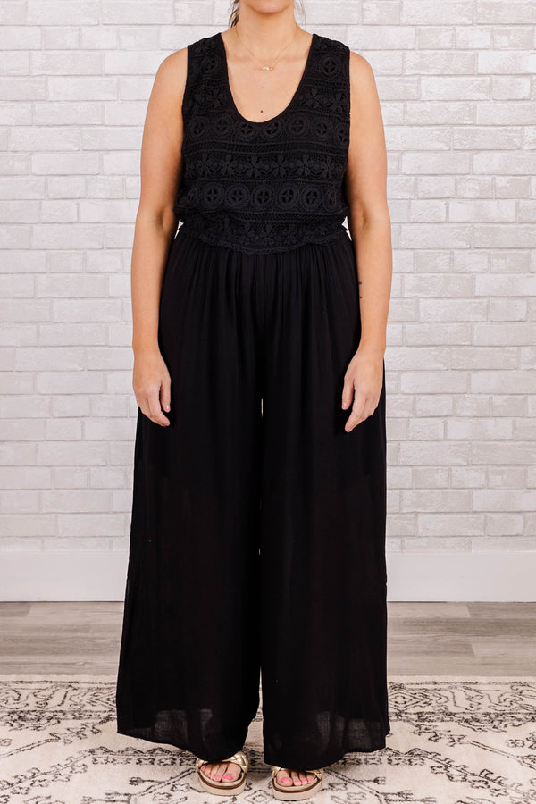 Chic Soul plus size clothing, black sleeveless scoop neck jumpsuit with slit in legs