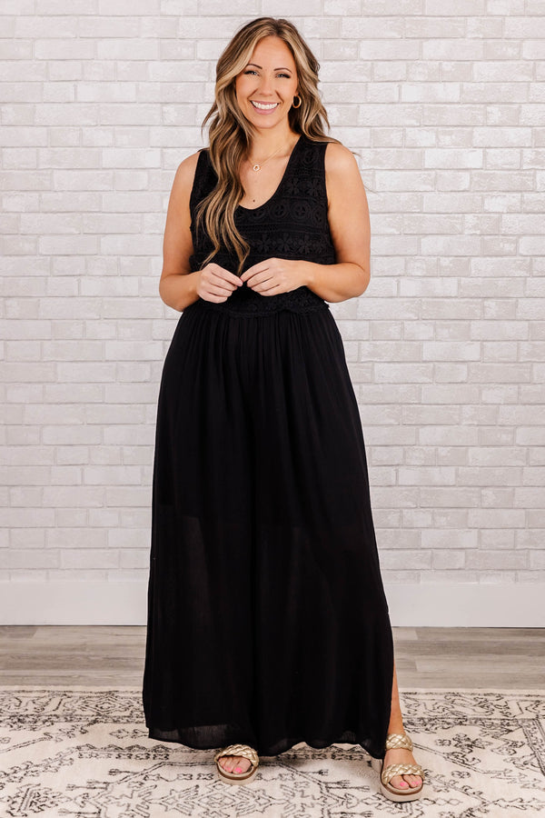 Chic Soul plus size clothing, black sleeveless scoop neck jumpsuit with slit in legs 