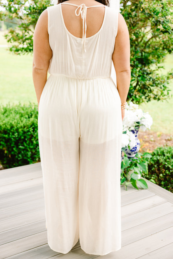 Chic Soul plus size clothing, white sleeveless jumpsuit with lace top with scoop neckline