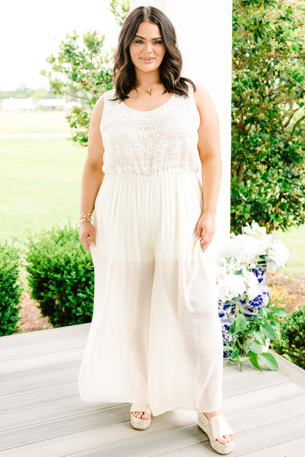 Chic Soul plus size clothing, white sleeveless jumpsuit with lace top with scoop neckline