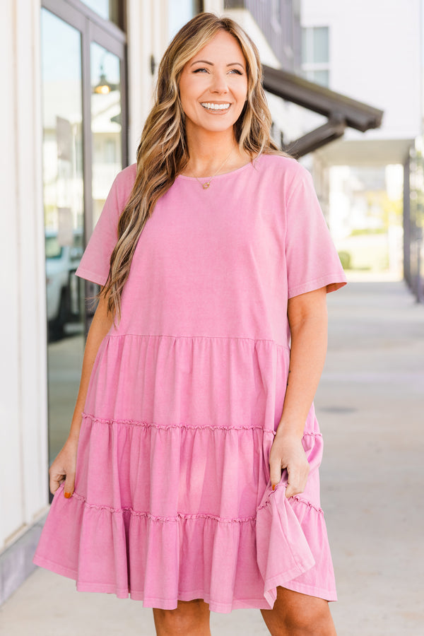 Chic Soul plus size clothing, short sleeve flowy baby doll pink dress with distressed detailing